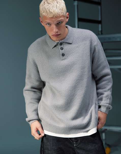 ASOS DESIGN – Jasnoszara koszulka polo oversize ze szczotkowanej dzianiny - view 1