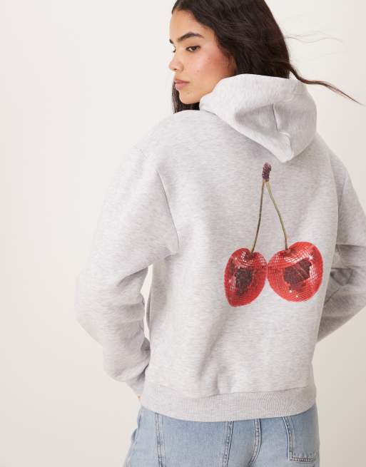 ASOS DESIGN – Jasnoszara melanżowa bluza oversize z kapturem i grafiką wisienek