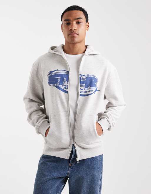 ASOS DESIGN – Jasnoszara melanżowa bluza z kapturem zapinana na zamek z nadrukiem