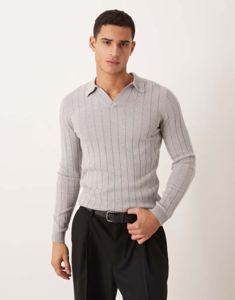 ASOS DESIGN muscle fit long sleeve knitted rib notch neck polo in light grey marl
