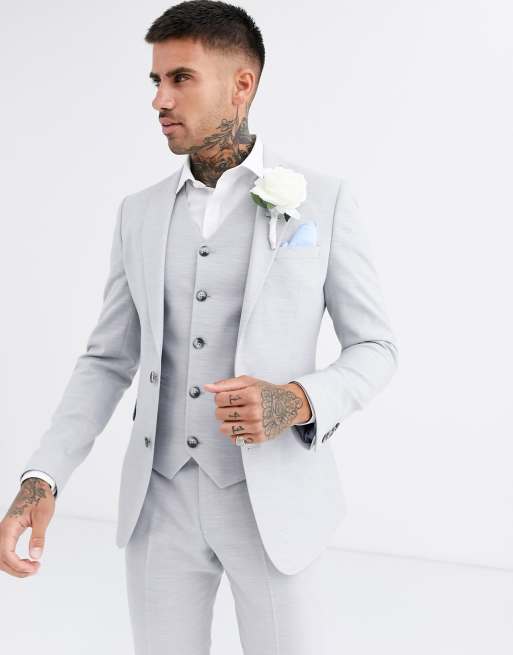 ASOS DESIGN – Jasnoszara ślubna marynarka garniturowa o bardzo obcisłym kroju z materiału o drobnej teksturze
