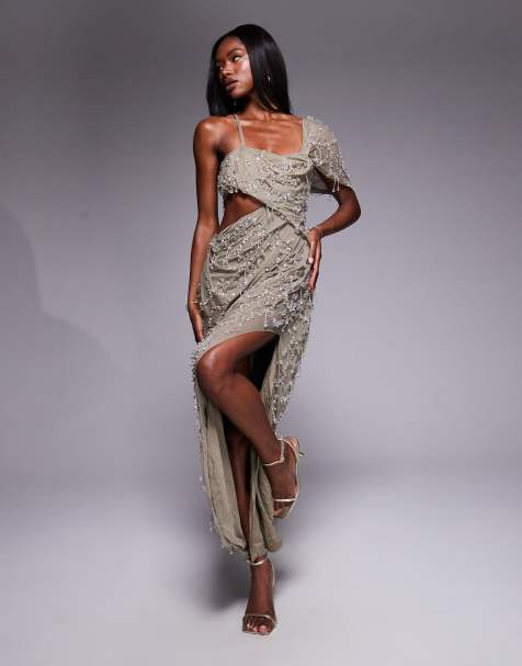 ASOS DESIGN draped off shoulder bandeau maxi dress with beaded embellishment in light grey