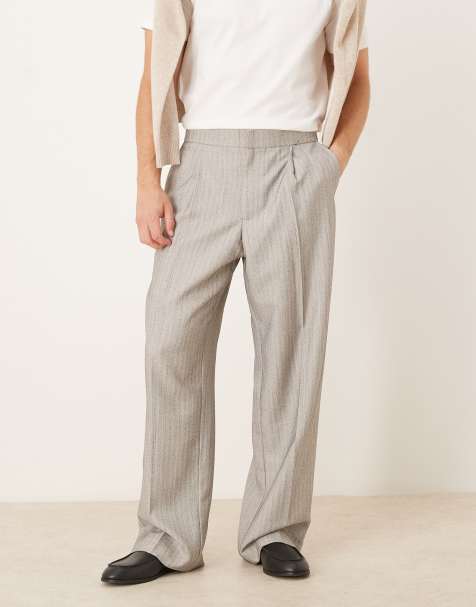 ASOS DESIGN smart wide leg trousers with front pleat and elasticated waistband in light grey herringbone.