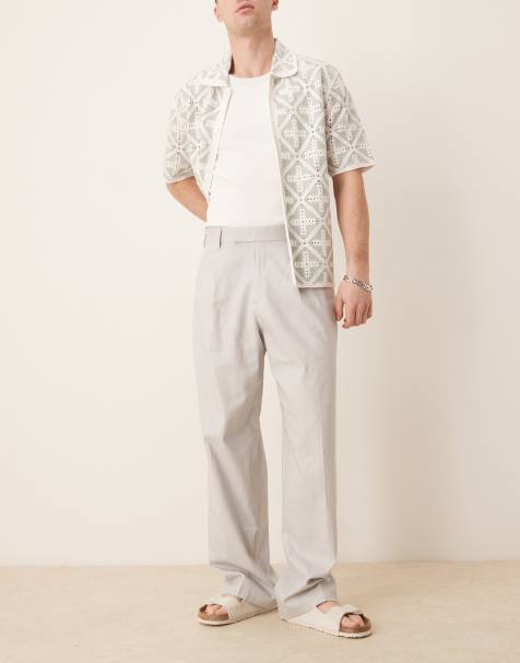 ASOS DESIGN smart wide leg linen blend trousers with front pleat in light grey