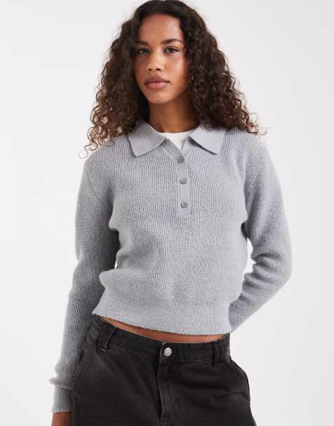 ASOS DESIGN knitted relaxed collar henley jumper in light grey