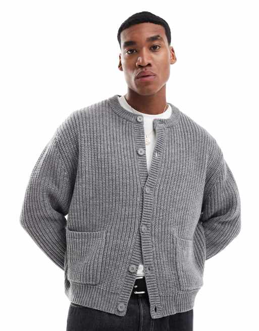 ASOS DESIGN – Jasnoszary melanżowy kardigan pudełkowy oversize z okrągłym dekoltem z grubej dzianiny z domieszką wełny