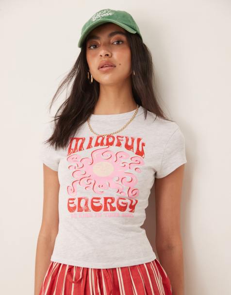 ASOS DESIGN baby tee with mindful energy graphic in ice marl