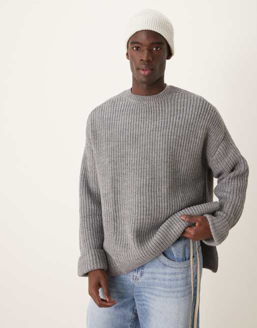 ASOS DESIGN – Jasnoszary prążkowany gruby sweter oversize z domieszką wełny