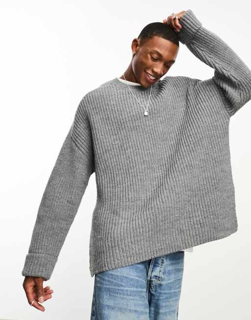 ASOS DESIGN – Jasnoszary prążkowany sweter z grubej dzianiny z domieszką wełny z rozcięciami po bokach
