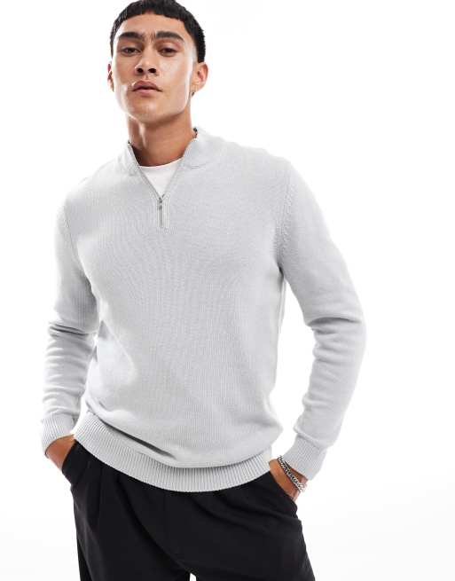 ASOS DESIGN – Jasnoszary średniej grubości sweter z suwakiem pod szyją