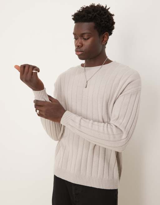 ASOS DESIGN – Jasnoszary sweter z dzianiny z szerokimi prążkami z mieszanki wełny owczej