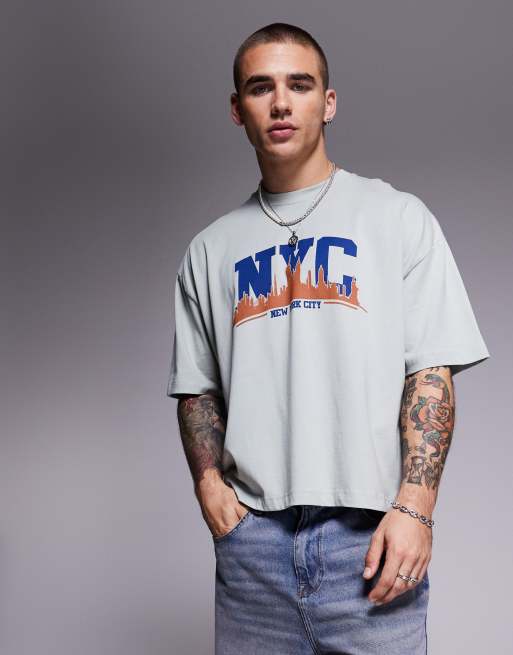 ASOS DESIGN – Jasnoszary T-shirt o pudełkowym kroju oversize, z grafiką z nazwą miasta z przodu