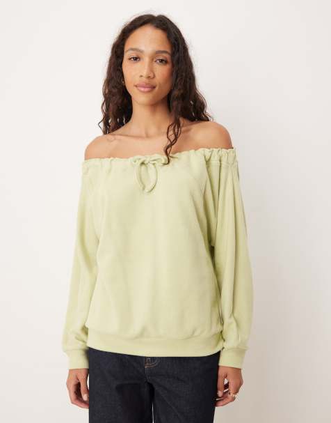 ASOS DESIGN Supersoft drawcord off shoulder sweatshirt in light green - LGREEN