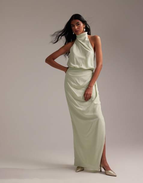 ASOS DESIGN draped halter column crepe maxi dress in light green