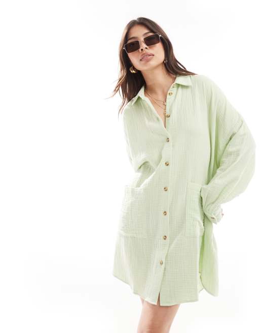 ASOS DESIGN – Jasnozielona, dwuwarstwowa sukienka koszulowa oversize z obniżonymi kieszeniami