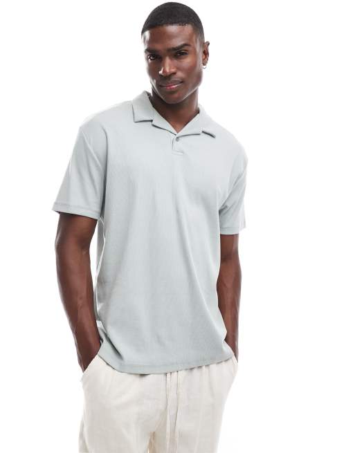 ASOS DESIGN – Jasnozielona prążkowana koszulka polo o luźnym kroju z kołnierzykiem kubańskim