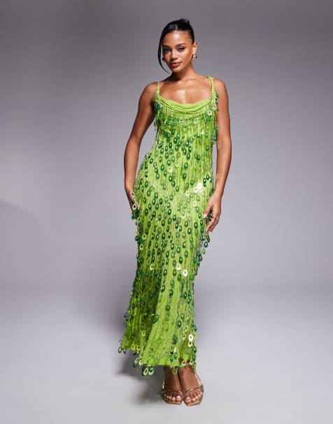 ASOS DESIGN sequin droplet cowl neck maxi dress in bright green