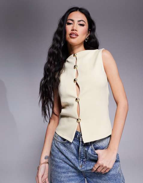 ASOS DESIGN gold hardware interlock waistcoat co ord in buttermilk