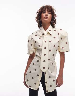 ASOS DESIGN – Jasnożółta koszula w groszki z krótkim rękawem i krawatem - view 1