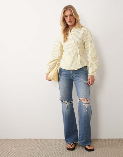 ASOS DESIGN – Jasnożółta koszula w paski z rękawami typu kokon, 2 z 4