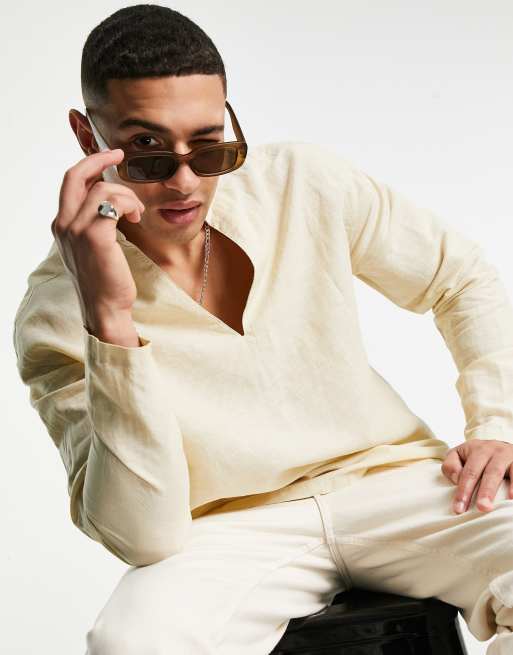 ASOS DESIGN – Jasnożółta lniana luźna koszula wkładana przez głowę