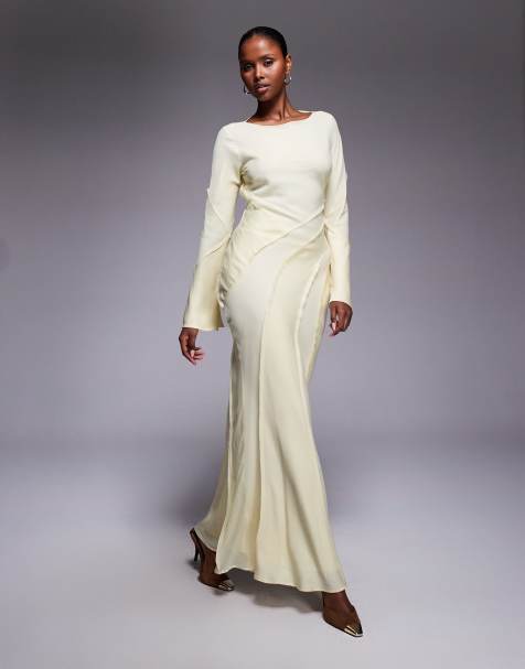ASOS DESIGN satin slash neck long sleeve maxi dress with raw edge panel detail in buttermilk