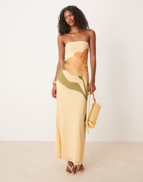 ASOS DESIGN – Jasnożółta siateczkowa sukienka maxi z dekoltem bandeau i nadrukiem z kwiatem - view 1