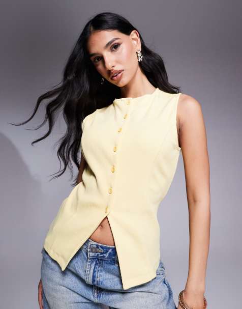 ASOS DESIGN cinched longline waistcoat in buttermilk yellow