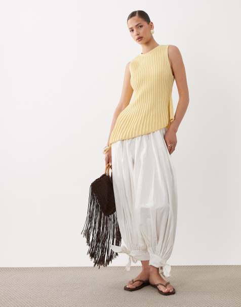 ASOS DESIGN – Jasnożółty asymetryczny prążkowany top ze zwężaną talią, część zestawu - view 1