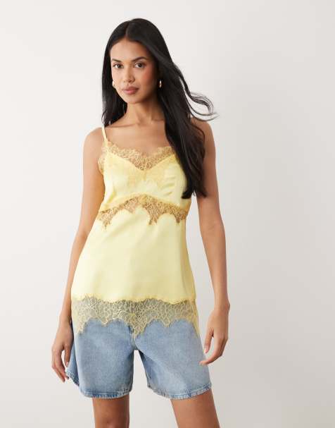 ASOS DESIGN – Jasnożółty, satynowy top na ramiączkach, o wydłużonym fasonie, z koronkowym wykończeniem - view 1
