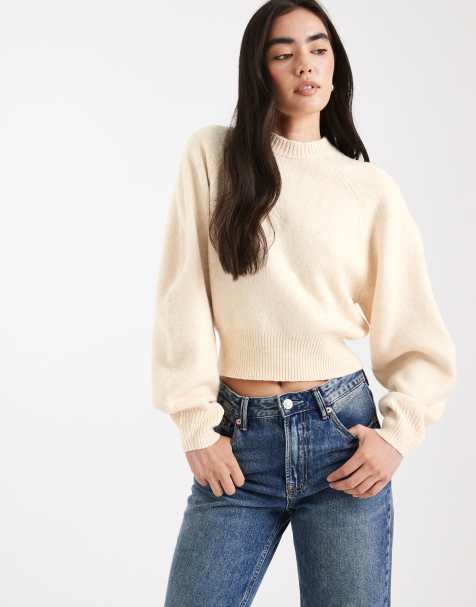 ASOS DESIGN crew neck jumper with raglan detail in buttermilk