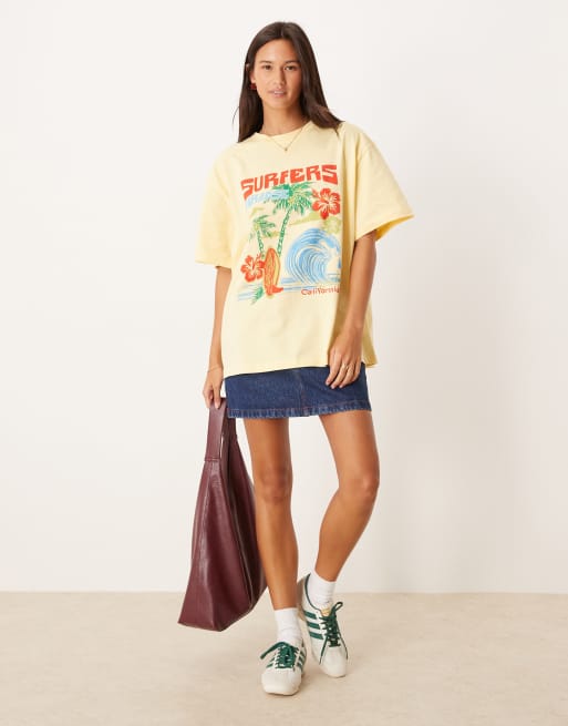 ASOS DESIGN – Jasnożółty T-shirt oversize z surferską grafiką, 2 z 4