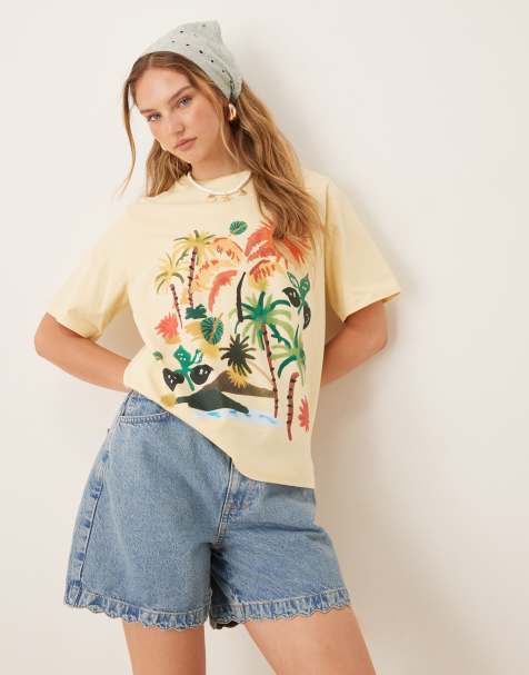 ASOS DESIGN – Jasnożółty T-shirt oversize z wakacyjną grafiką z palmami - view 1