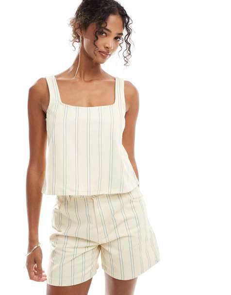 ASOS DESIGN square neck denim top in buttermilk stripe