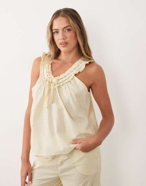ASOS DESIGN – Jasnożółty zestaw z tkaniny, w czekoladowe groszki: top typu milkmaid i spodnie - view 1