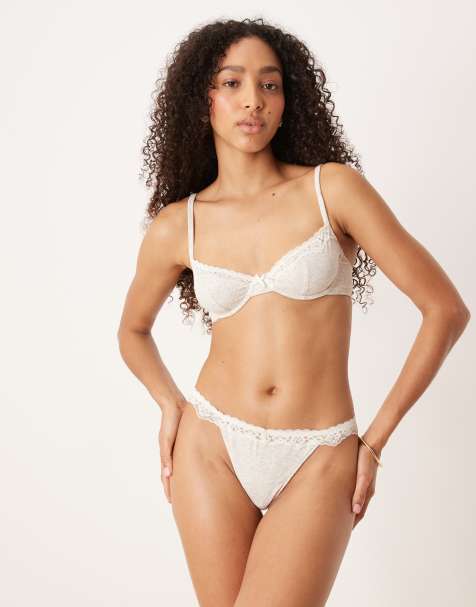 ASOS DESIGN – Jaye – Tanga in Grau meliert mit Spitzenborte in Cremeweiß - view 1