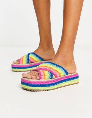 ASOS DESIGN Jazlyn flatform crochet mules in rainbow - ASOS Price Checker