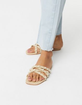 ASOS DESIGN Jazzie pearl embellished espadrille flat sandals-Beige