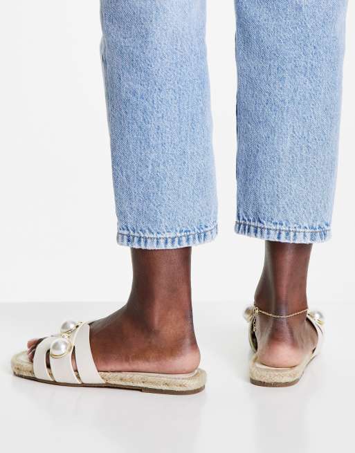 ASOS DESIGN Jazzy espadrille mules with faux pearls in cream, 3 of 4