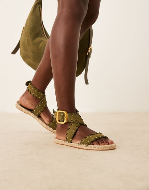ASOS DESIGN Jazzy whipstitch espadrille sandals in khaki green - view 1