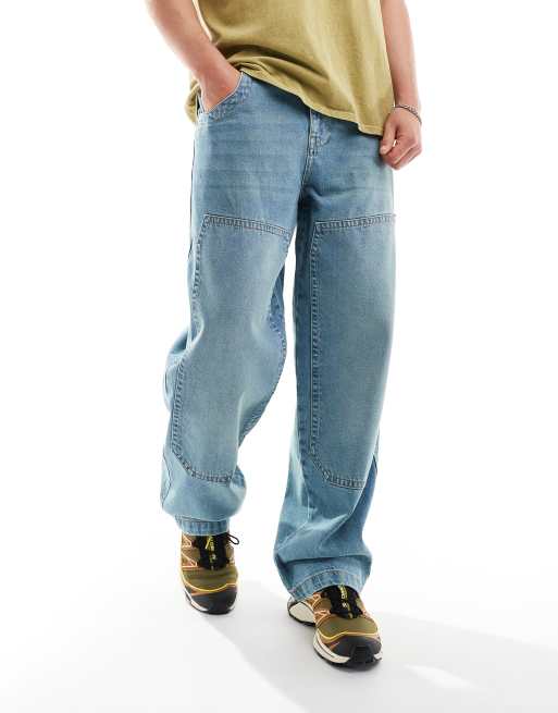 ASOS DESIGN - Jean ample à détails charpentier - Bleu moyen délavé