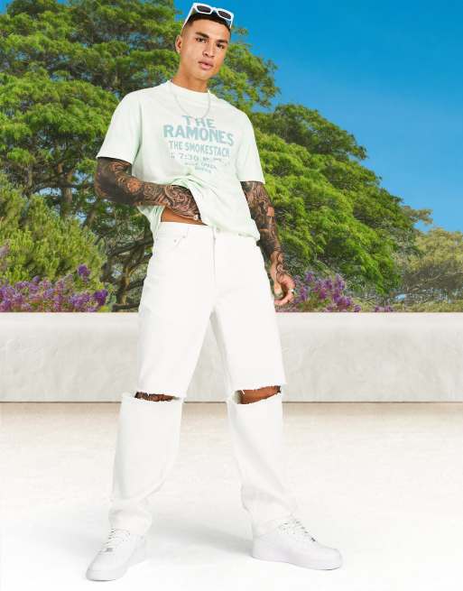 ASOS DESIGN - Jean baggy avec déchirures aux genoux - Blanc