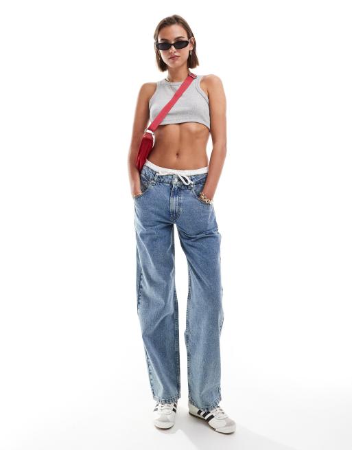 ASOS DESIGN - Jean baggy avec taille style caleçon - Bleu clair délavé