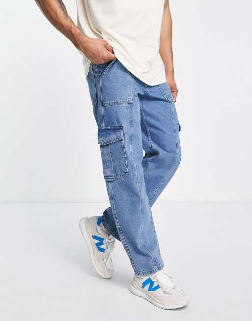 SMIOPDES Jean baggy pour homme - Coupe ample - Style classique uni - Coupe  décontractée, bleu : : Mode