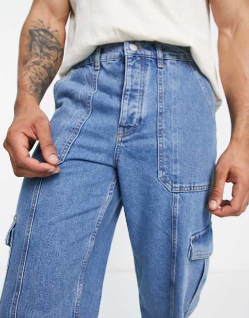 ASOS DESIGN - Jean baggy coupe cargo - Bleu moyen délavé style années 90, 3 de 4