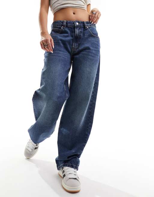 ASOS DESIGN Jean boyfriend baggy a taille mi haute Bleu fonce vintage ASOS