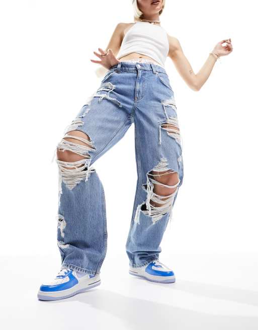 ASOS DESIGN - Jean boyfriend baggy très déchiré - Bleu moyen, 3 de 5