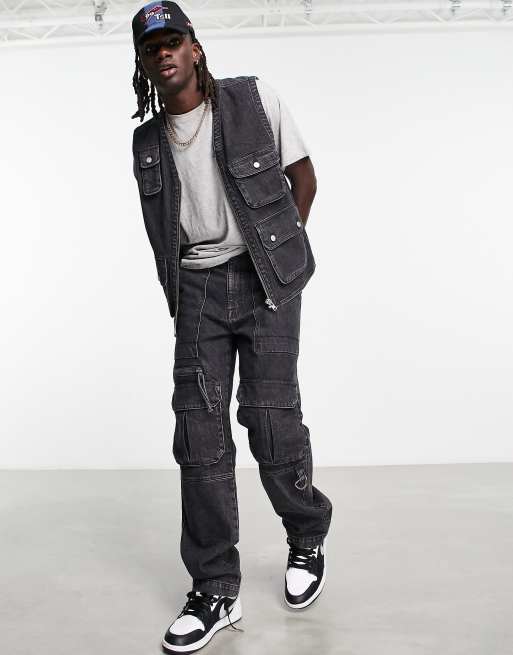 ASOS DESIGN - Jean cargo d'ensemble coupe droite et large - Noir délavé 