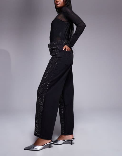 ASOS DESIGN - Jean coupe ballon à ornements thermocollés - Noir, 2 de 5