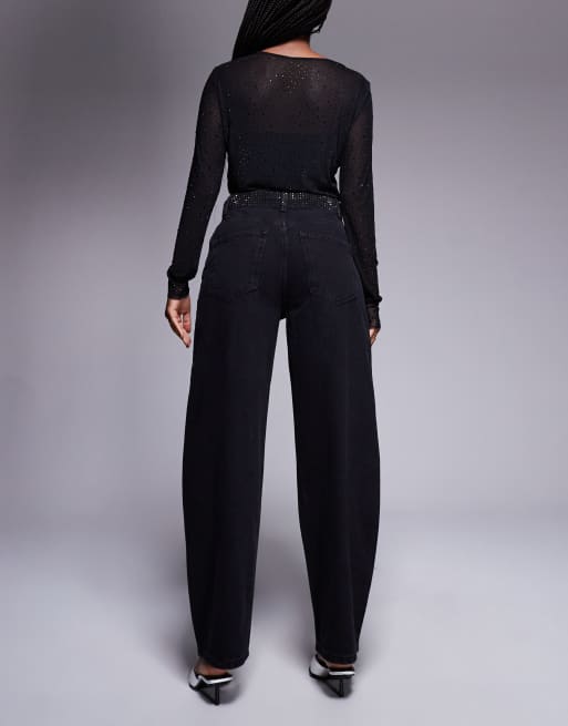 ASOS DESIGN - Jean coupe ballon à ornements thermocollés - Noir, 3 de 5